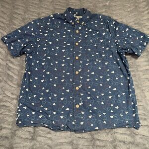Duluth Trading Mens Medium Relaxed Fit Paper Plane Print Button Down Shirt Blue